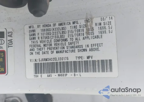 2014 Honda Cr-V Lx z USA, uszkodzony, nr VIN 5J6RM3H32EL030175